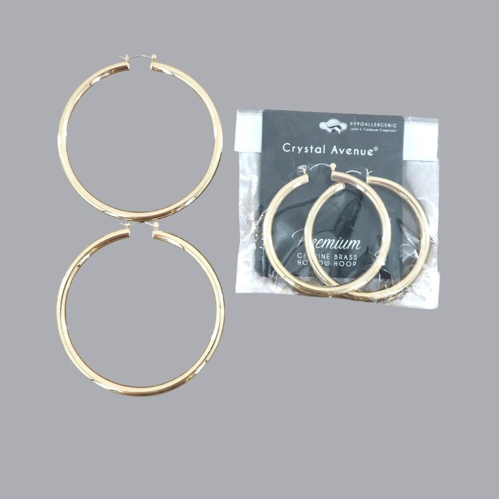 Crystal Avenue Premium Genuine Brass Hoop Set Of 2 Women Gold Minimalist Mod NWT